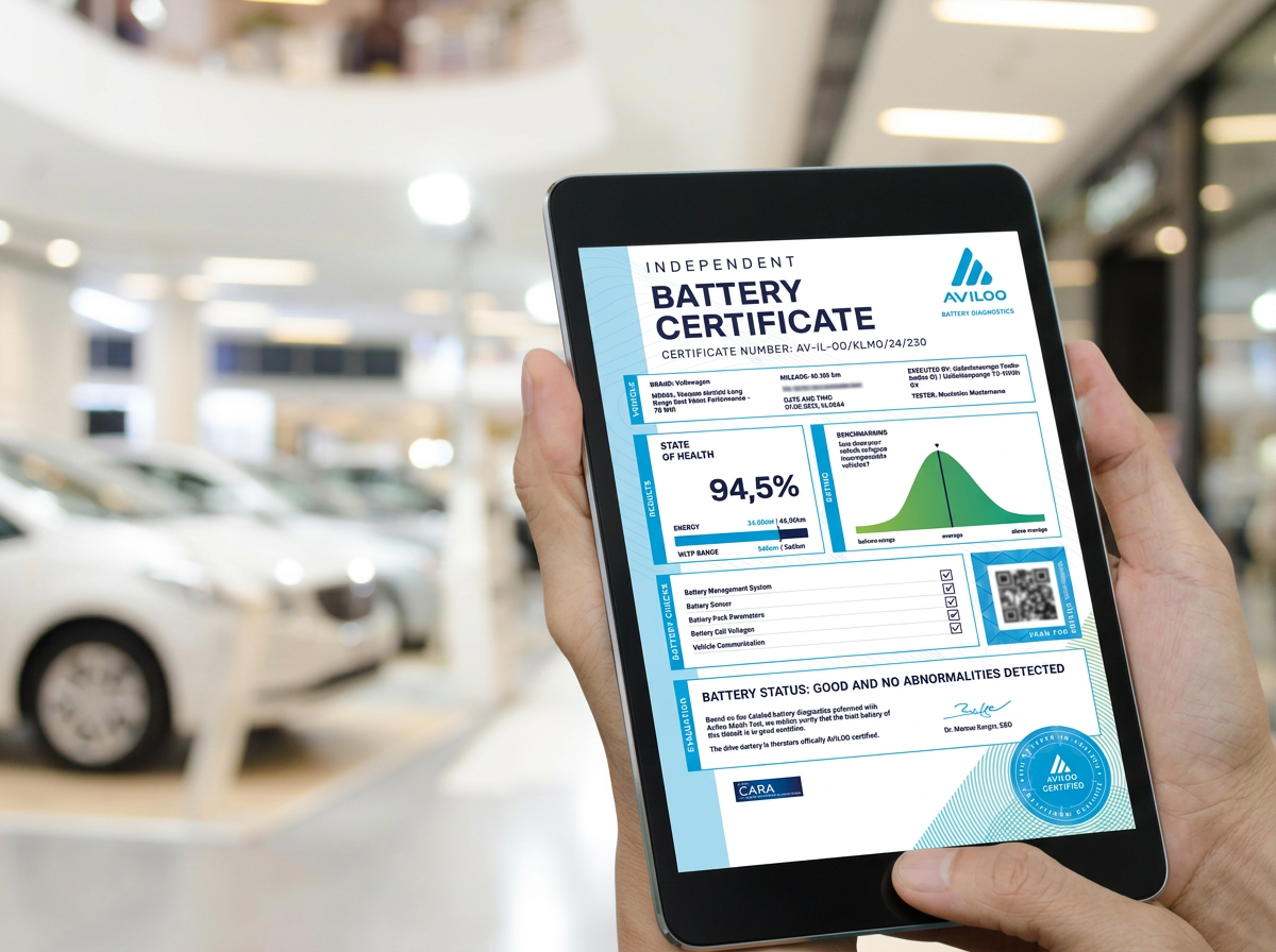 Certificado independente de bateria AVILOO em tablet, exibindo State of Health do veículo
